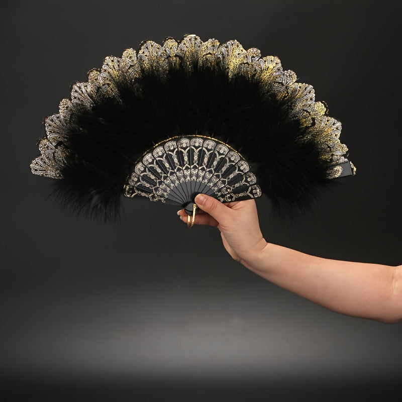 High-end Plush Feather Folding Fan with Extra Thickness, Perfect for Adults' Performance Dance. Ideal for Chinese Cheongsam Runway Shows, Comes in a Variety of Colors.