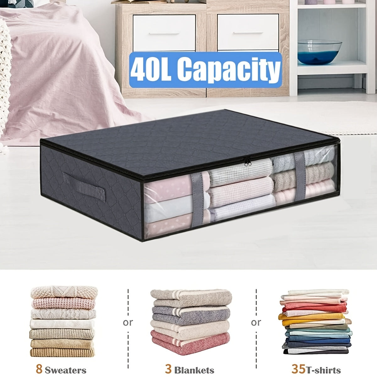 Underbed storage solution includes 2pcs/1pc moisture-proof plastic window underbed storage bag, non-woven clothes organizing bag, and blanket storage with handle. Perfect for organizing clothes and blankets in your bedroom and maximizing under-bed