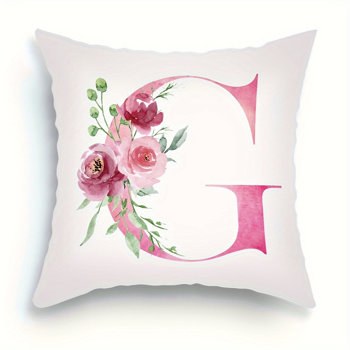 18x18 inch Alphabet Floral Pillow Cover featuring A to Z English Letters in pink print. Ideal for adding a contemporary touch to sofa, living room, or bedroom decor. Single-sided printing, insert not included.