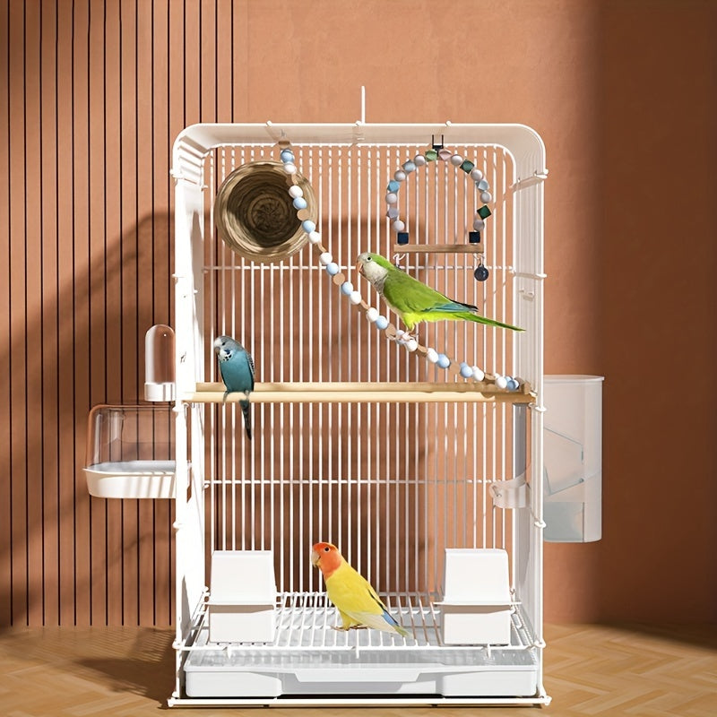 Large metal bird cage for parrots, budgies, and canaries. Spacious villa style with perches and accessories. Durable construction for indoor birds.