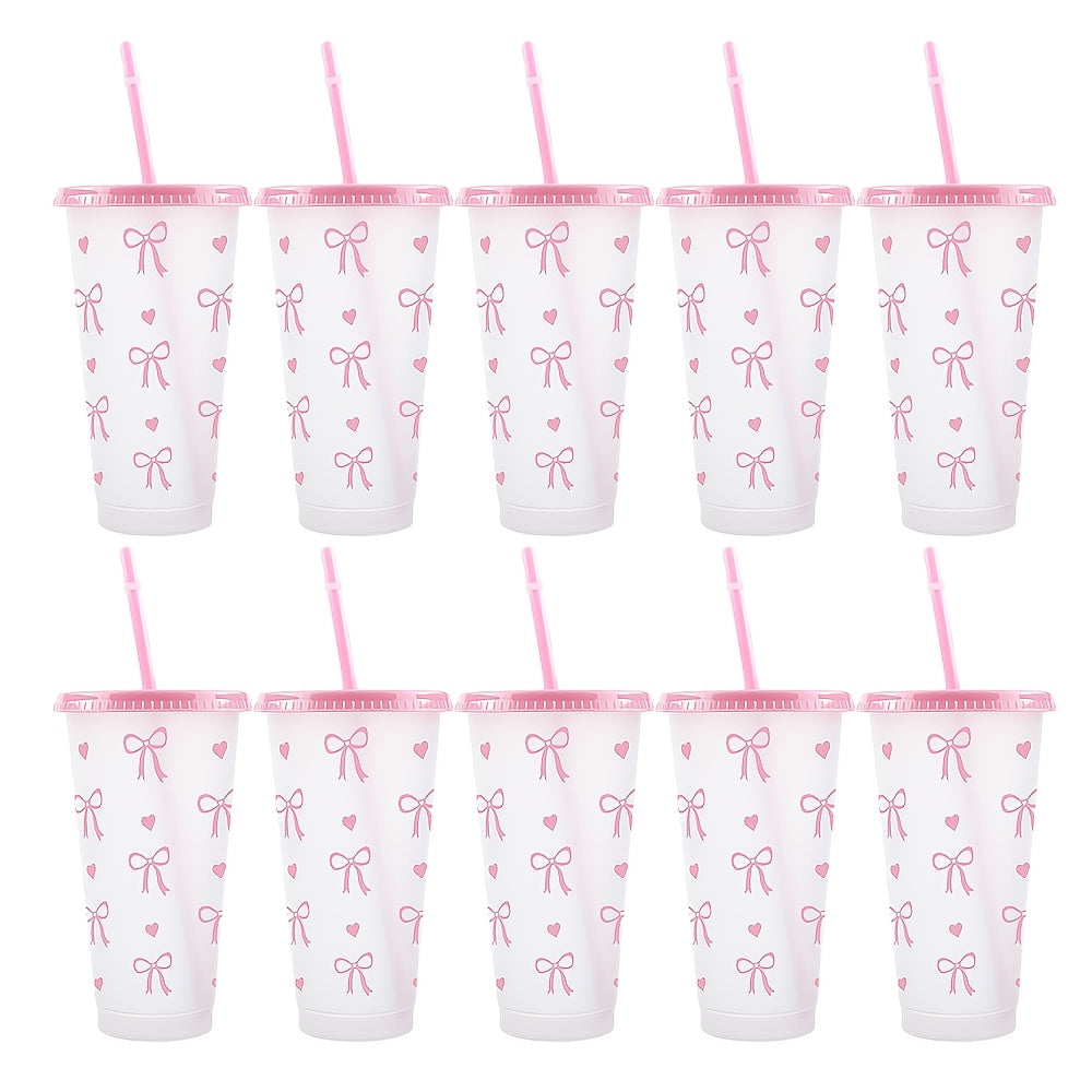 BPA-Free plastic water cups with lids and straws in heart and bow print. Leak-proof and reusable for outdoor events. Great for gifts on special occasions.