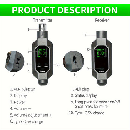 Heikuding Wireless XLR Microphone System with USB Charging, Compatible with various audio devices.