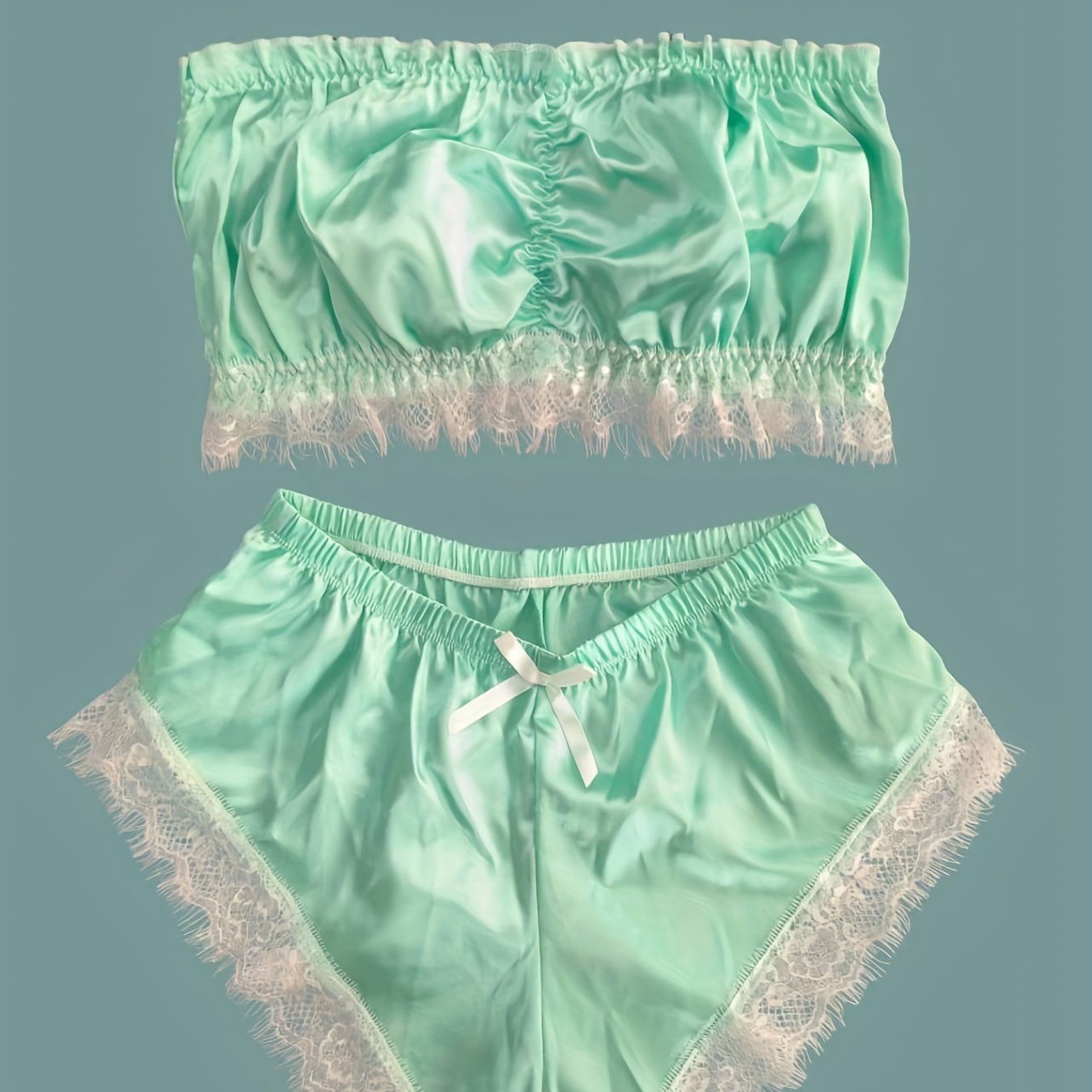 Women's sleepwear with lace trim pajama set and satin tube tops with shorts.