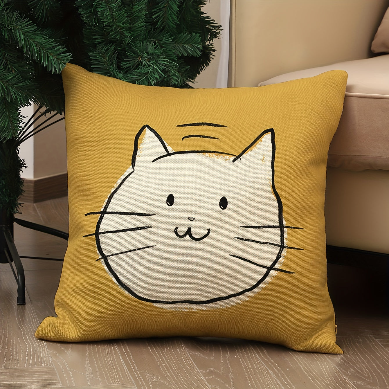 Modern linen pillow cover featuring a cute cat print, 44.96cm x 44.96cm, with zipper closure. Suitable for machine wash. Ideal for sofa, living room, or bedroom. Includes 1 piece.