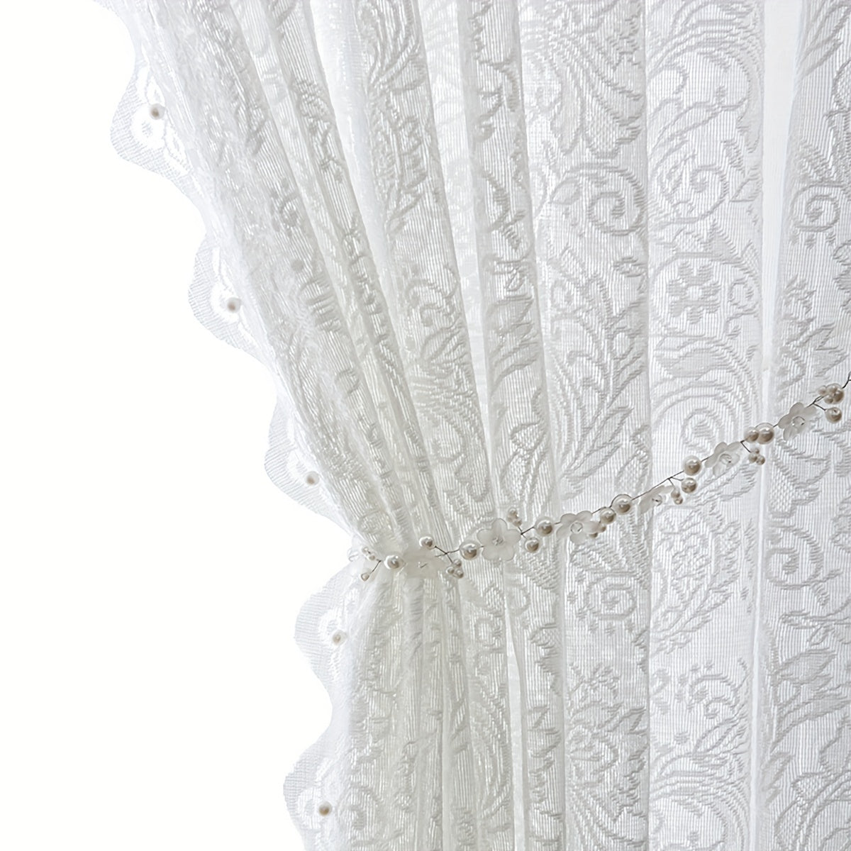 Sweet and romantic, this sheer curtain features a delicate bead lace small flower design in white. Perfect for adding a touch of softness and charm to your living room, bedroom, or dining room decor. This rod pocket curtain is also suitable for cabinet