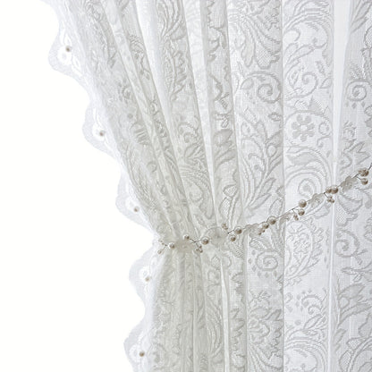 Sweet and romantic, this sheer curtain features a delicate bead lace small flower design in white. Perfect for adding a touch of softness and charm to your living room, bedroom, or dining room decor. This rod pocket curtain is also suitable for cabinet