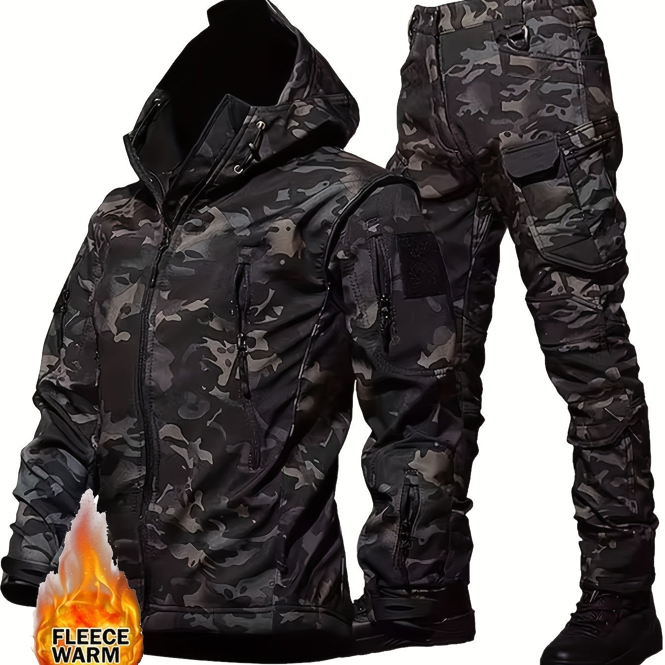 Guangguangzi Camouflage Shark Men's Fleece Jacket and Work Pants Set