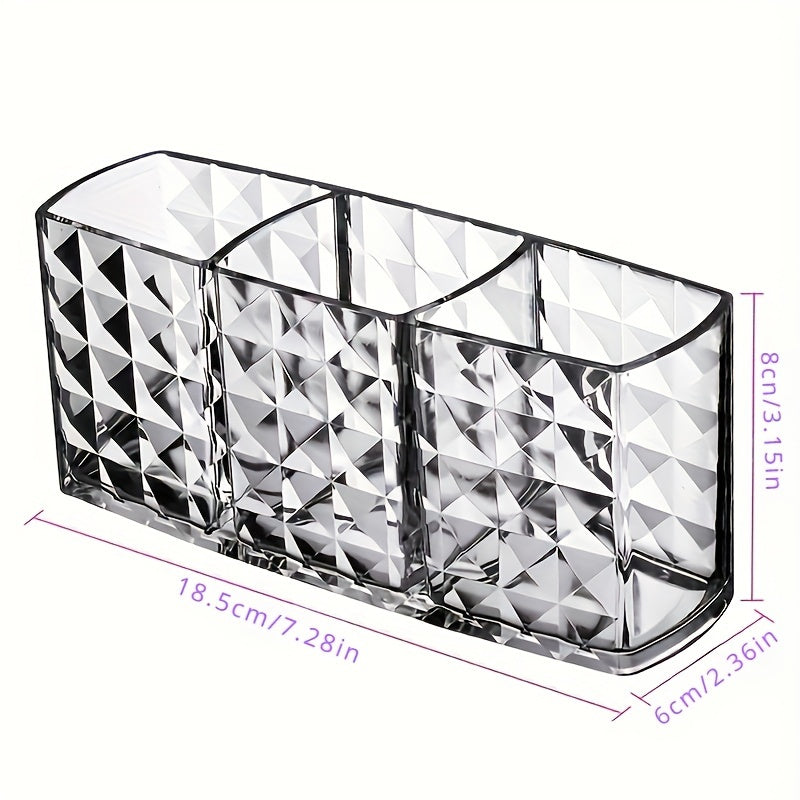 Clear plastic makeup organizer with 3 compartments for cosmetic storage. Ideal for brushes, lipsticks, brow pencils, and remote control. Can be used as a vanity or desk organizer without electricity.