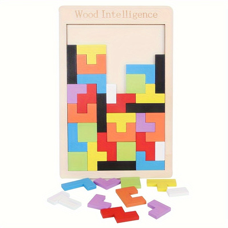 Colorful wooden 3D puzzle blocks for youngsters to enhance creativity and intelligence. STEM learning activity for cognitive development with multi-colored shapes on light brown wooden