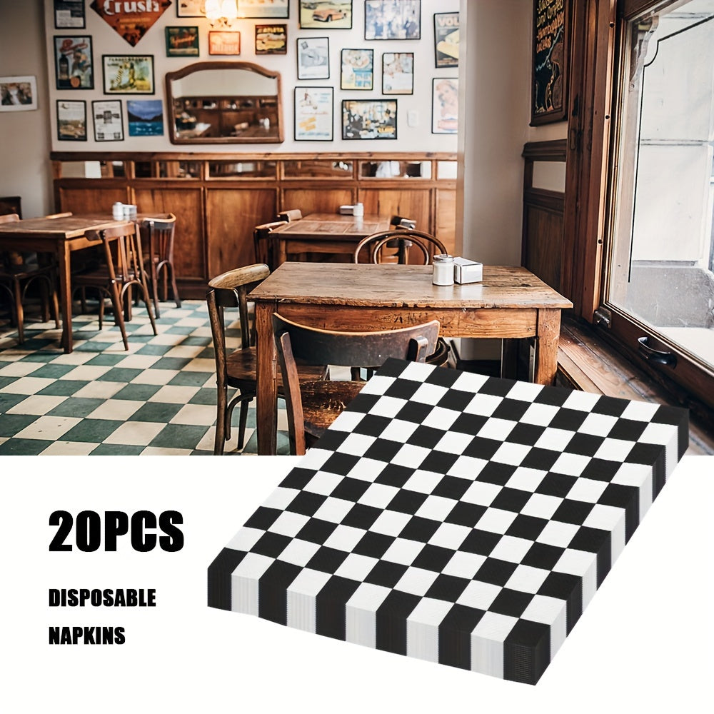 20 Black & White Checkered Disposable Napkins - Size 33.02x33.02 cm, Ideal for Weddings, Parties, and Holiday Celebrations