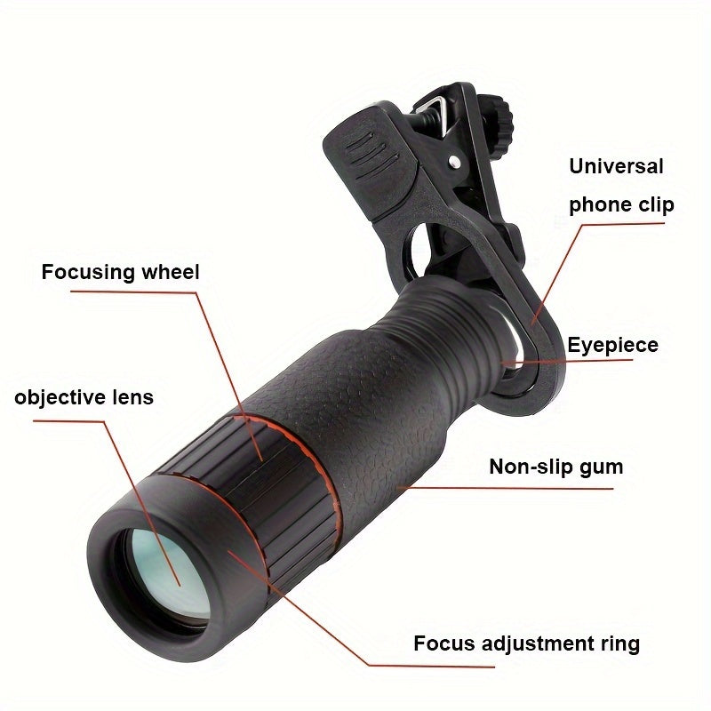 High-quality 32X HD optical telephoto lens with anti-jitter function for smartphones. Universal clip for most mobile phones, made of rubber material. Perfect for outdoor enthusiasts.