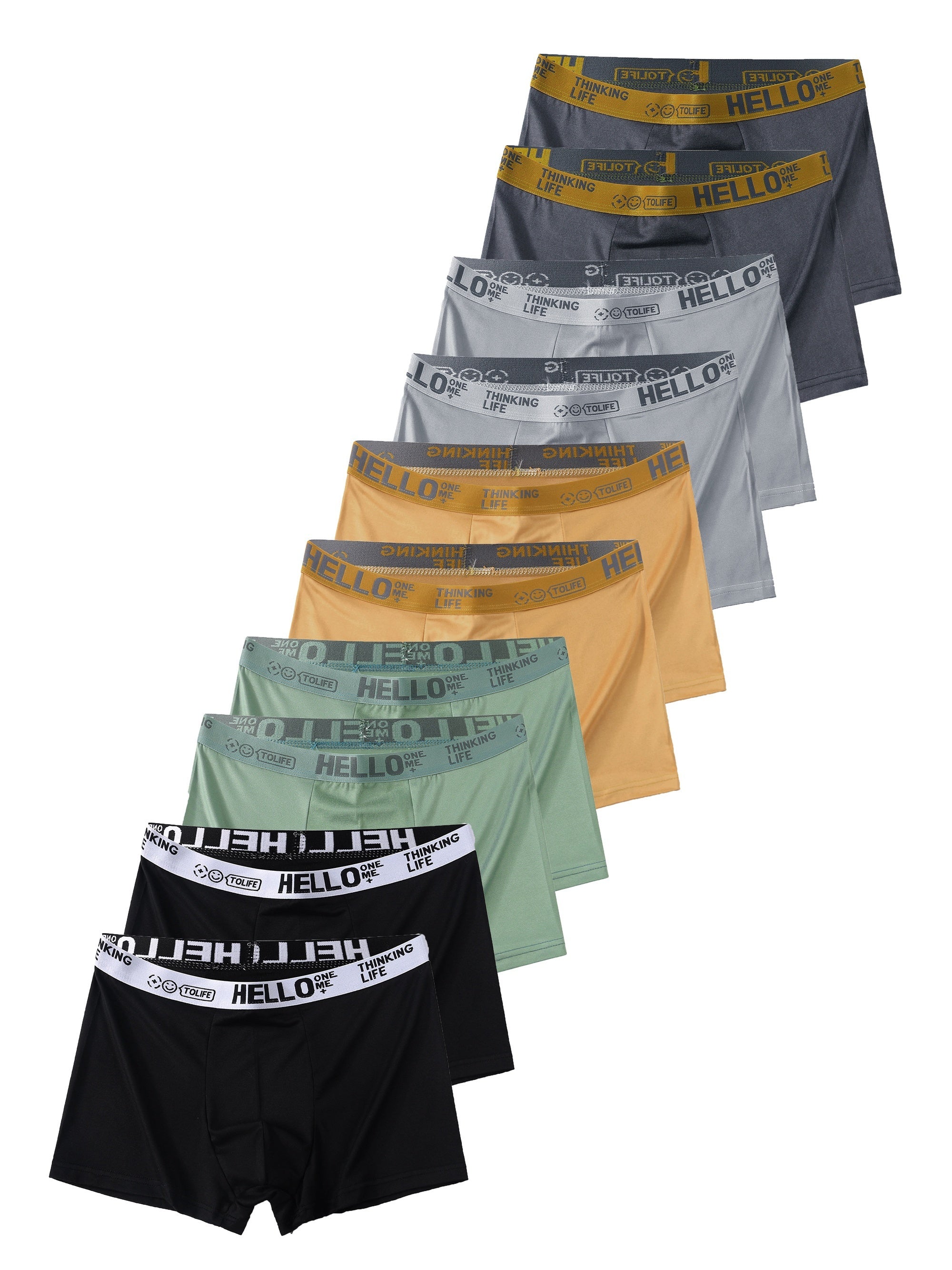 Men's 10-pack boxer briefs made of 95% polyester and 5% spandex with a medium stretch, solid color knit fabric for comfortable and breathable casual wear.