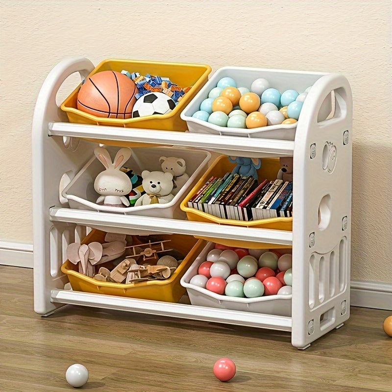 Home storage rack with 6 boxes for easy organization of clothes, toys, books, and other items. Simple installation.