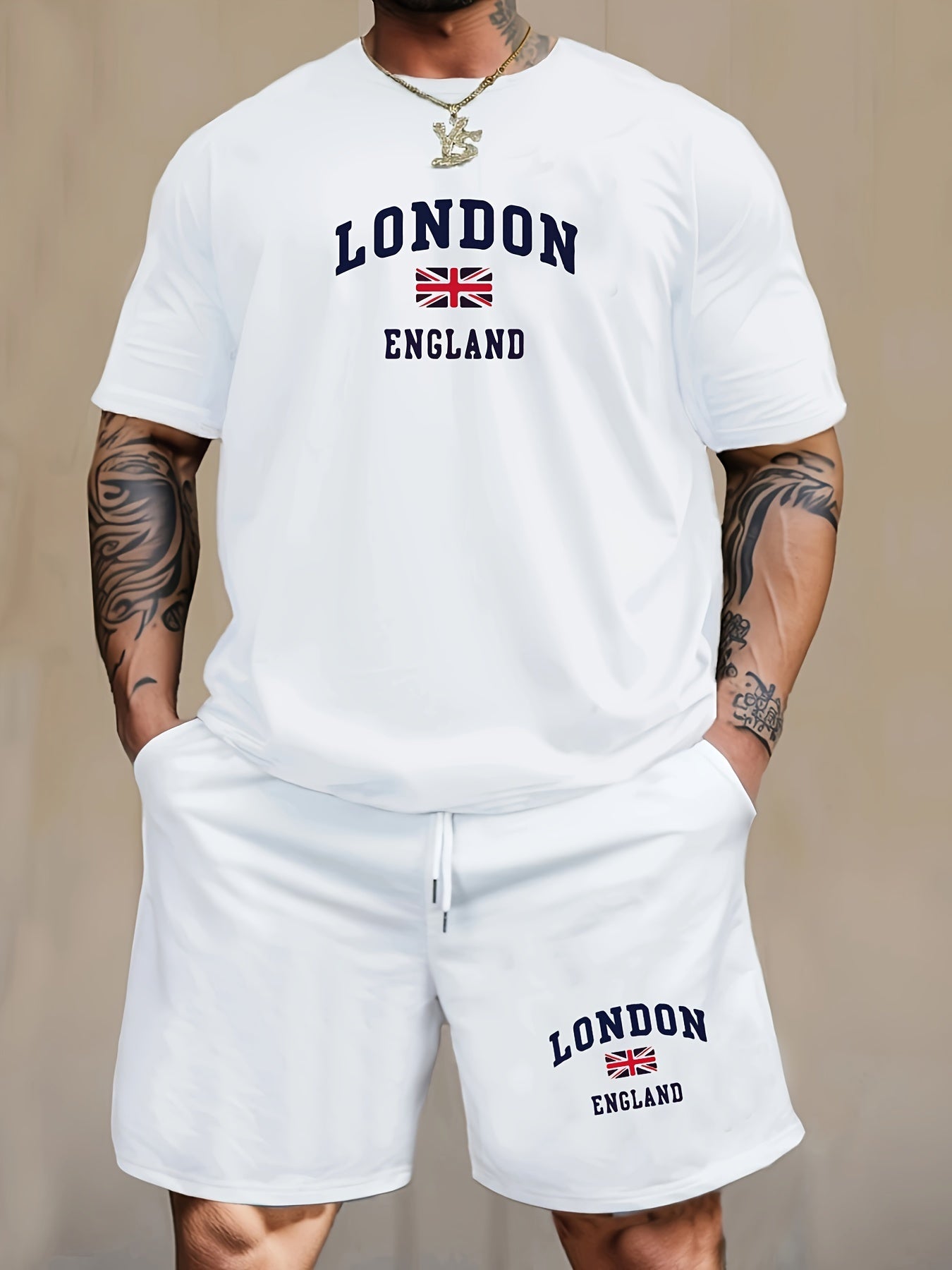 2 sets of men's pajamas with LONDON ENGLAND British flag print, short-sleeve shirts, and shorts for summer loungewear. Comfortable and stylish.