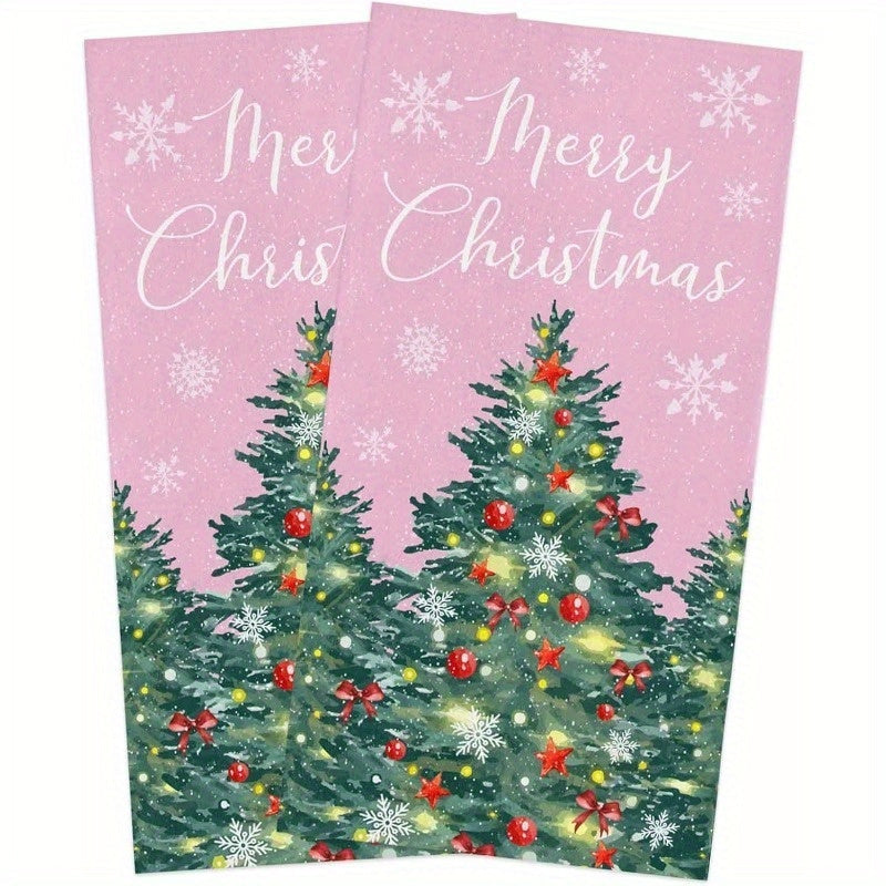 Set of 2 Merry Christmas kitchen towels, measuring 18 by 66.04 cm each. Featuring a pink design with a sparkle Christmas tree ornament. Includes a kitchen towel and dish towel.