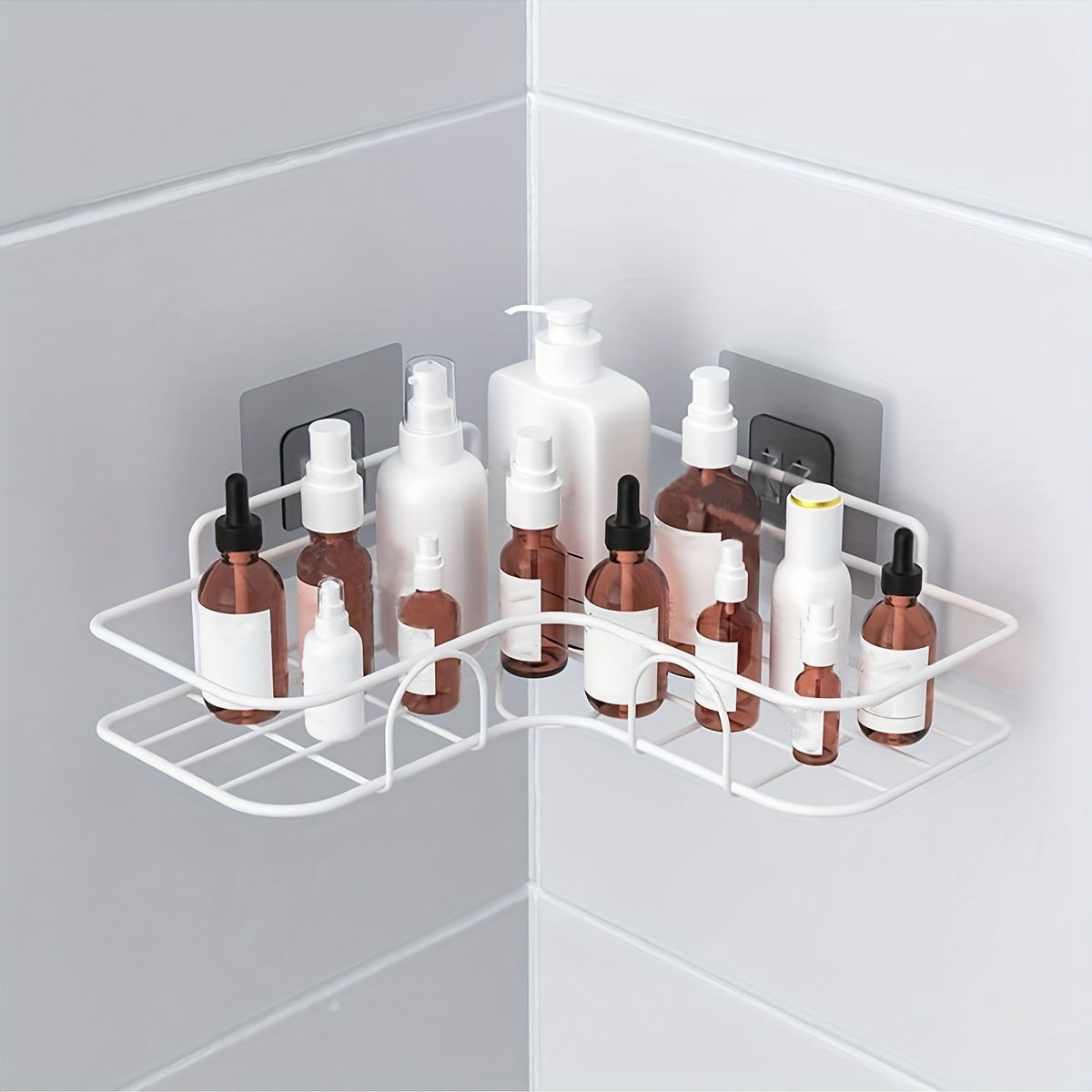 Wall mounted bathroom storage rack for organized bathroom accessories without punching holes.