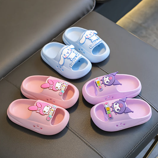 Children's cartoon slippers with cute melody design, soft EVA material, non-slip, lightweight indoor footwear for boys and girls ages 14 and under.