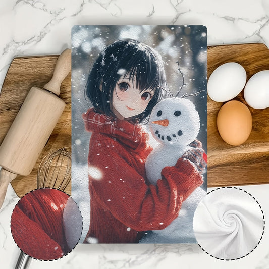 2 pieces of Kitchen Towels with ultra soft, highly absorbent material. Featuring a charming anime girl with short black hair and a red sweater making a snowman in the winter. Perfect for holiday decor, machine washable, and measures 16x24 inches. Item