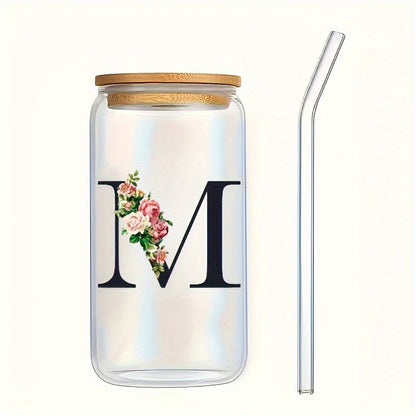 Alphabet flowers drinking glass with bamboo lid and straw, ideal birthday gift for women, friends, girls. 16 oz coffee glass, perfect for moms.