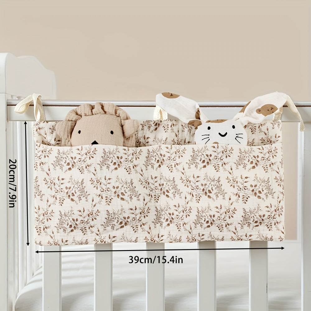 Bag with double cotton pockets hanging, designed for storing diapers on strollers.