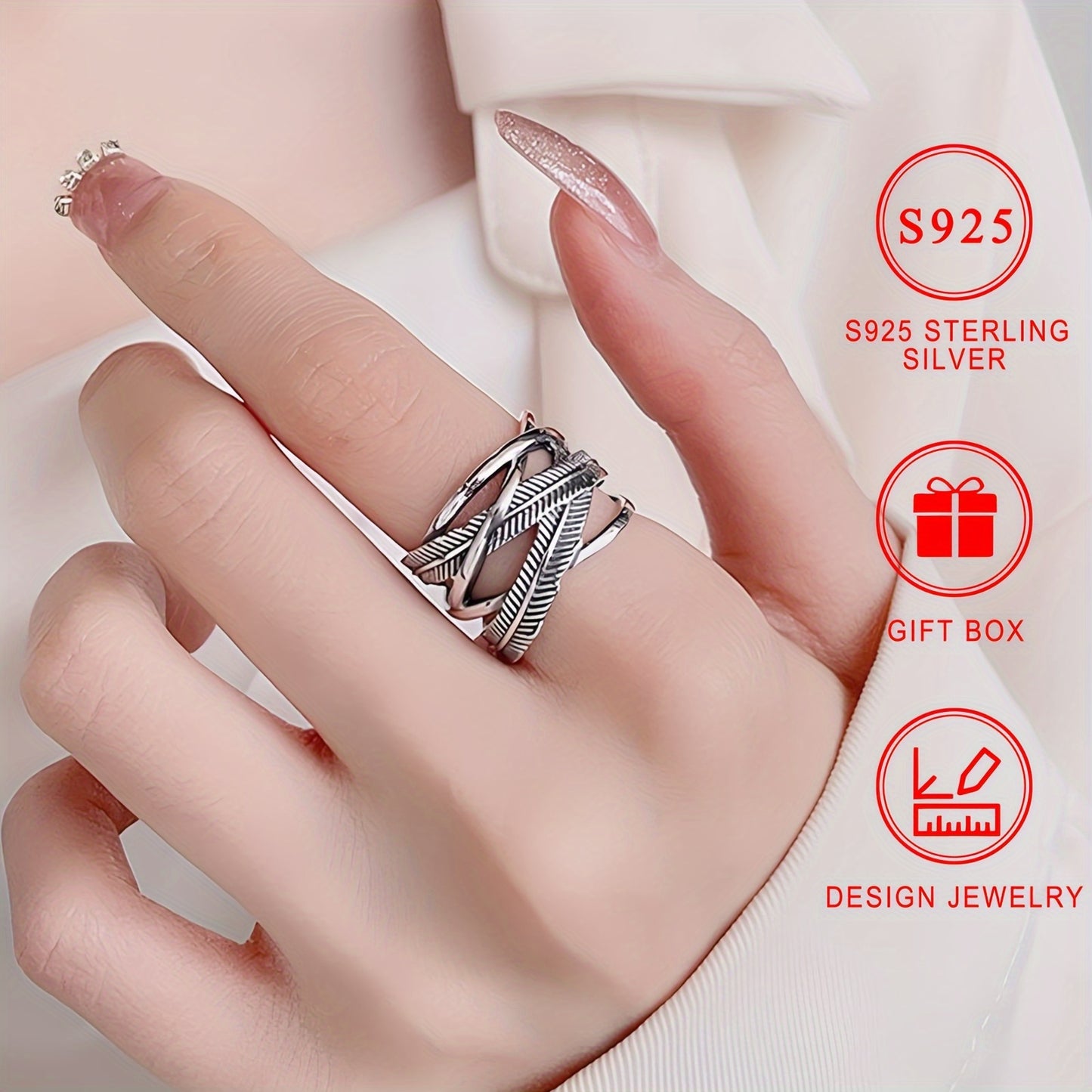 925 Sterling Silver Feather Ring with Infinity Theme Cross Band, High-Quality Hip Hop Style Fashion Jewelry, Gift Box Included for Daily Wear & Gift-Giving, Earth Day celebration accessory.