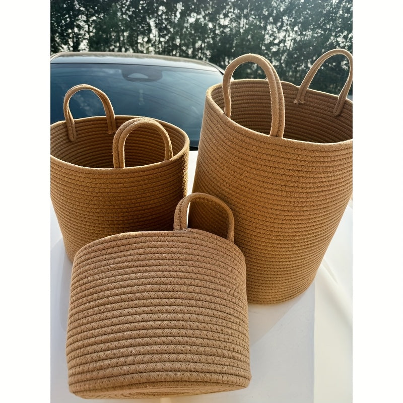 Round Rustic Cotton Rope Laundry Basket with Handles - Perfect for Different Rooms, Foldable Storage Solution for Clothes and Toys