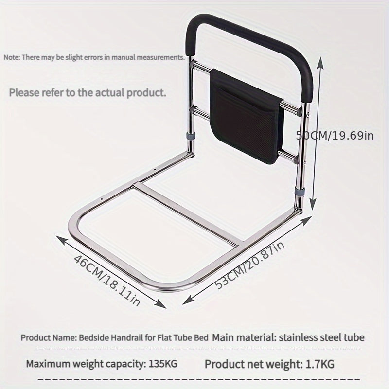 Adjustable stainless steel bed rail for elderly, fits most beds.