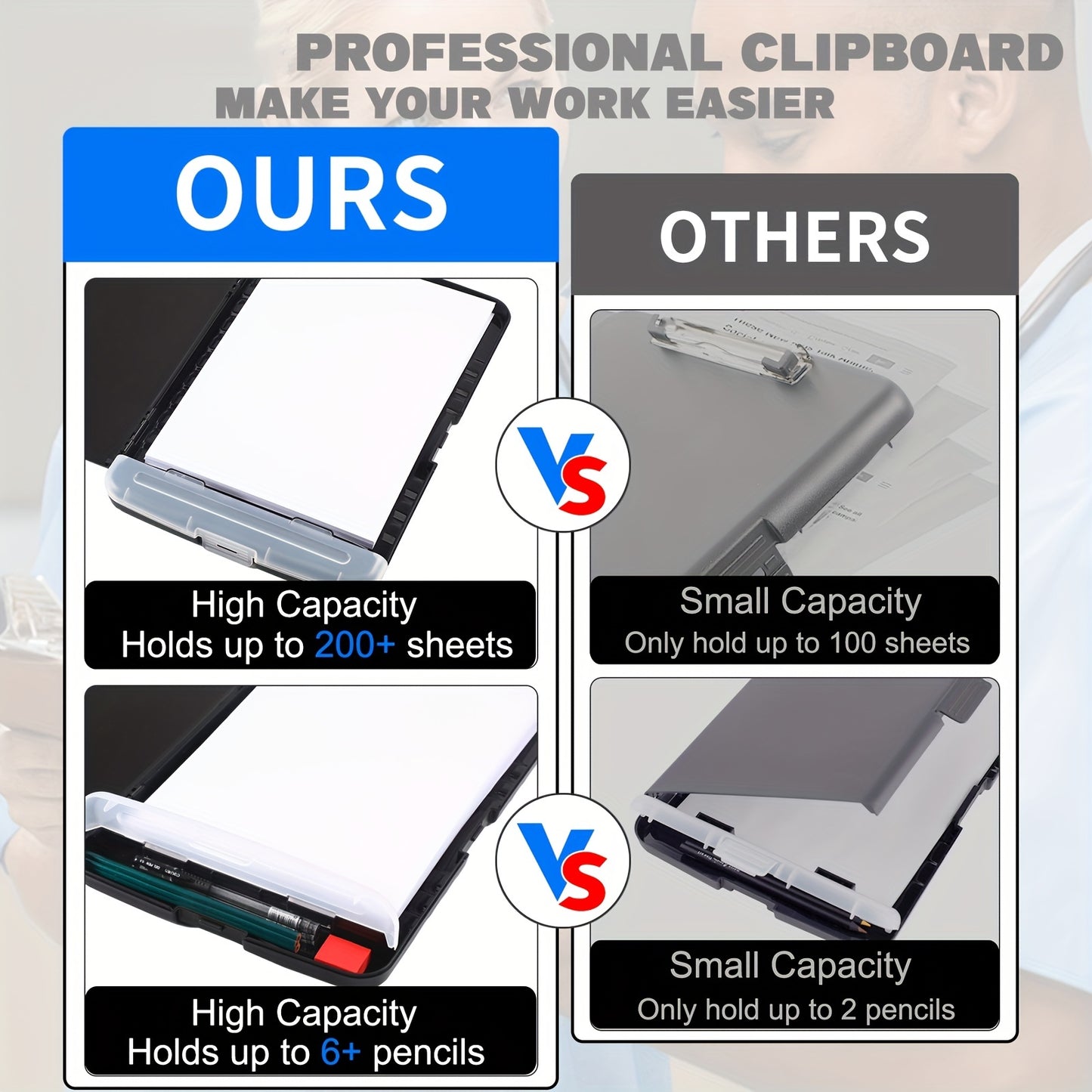 Large capacity nursing clipboard with storage and pen holder, heavy-duty plastic construction, side-opening design for writing.