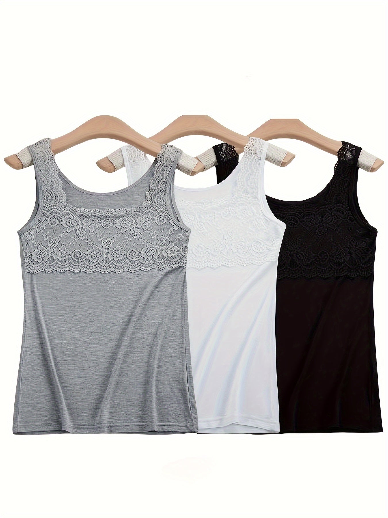 3 Simple Solid Contrast Lace Tank Tops, All-match Women's Vest Tops, Lingerie & Underwear for Women