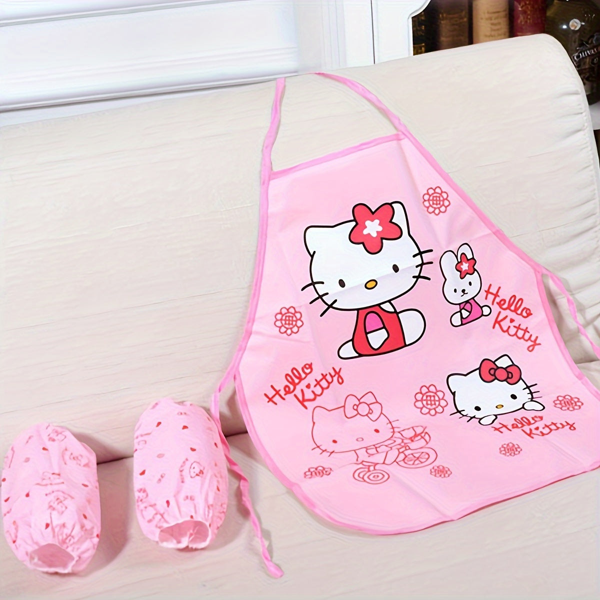 1 шт. Фартук с принтом Sanrio Cartoon Hello Kitty для молодежи, изготовленный из высокоплотного льна, с рукавами для домашнего общения родителей и детей на кухне, включая принадлежности и аксессуары для