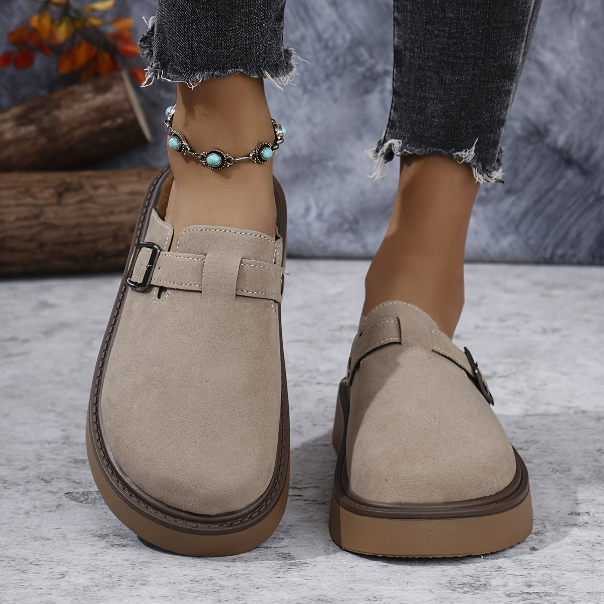 Casual buckle loafers for women with all-season comfort features, PU upper, rubber sole, flannel insole, and retro thick sole from Taizhou.