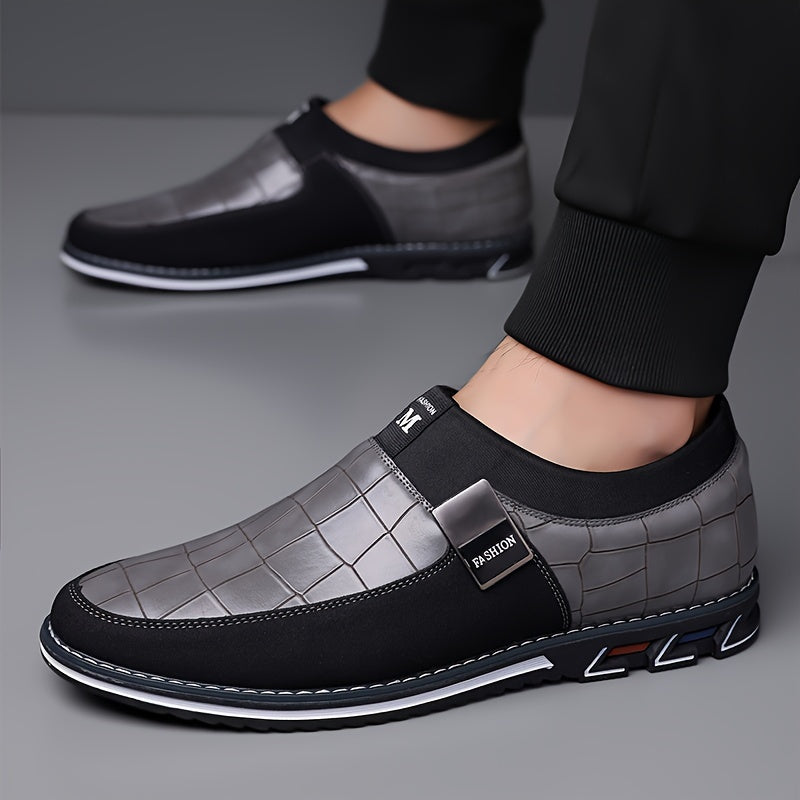 Men's slip-on business casual shoes with synthetic microfiber leather, anti-slip rubber sole, PU inner lining, and low top design for daily wear in spring/fall season.