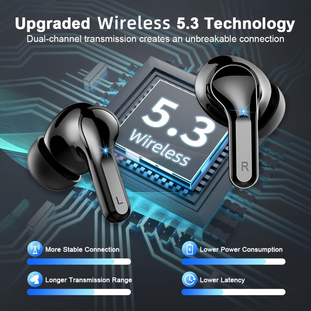 Wireless Earbud with Stereo Bass and Dual Mic Call for 40H, USB-C LED Display.