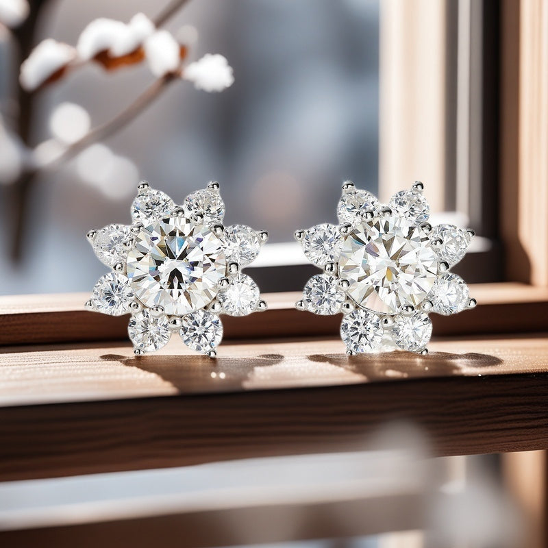 Capture the beauty with our Sunflower Moissanite Stud Earrings. Available in 0.5/1/2/3 Carat Flower Shape design, crafted with 925 Silvery. Makes a perfect Valentine's Day Gift, comes with a Gift Box. Weighing 3.1/4.2/6/6.6g, adorned with shimmering