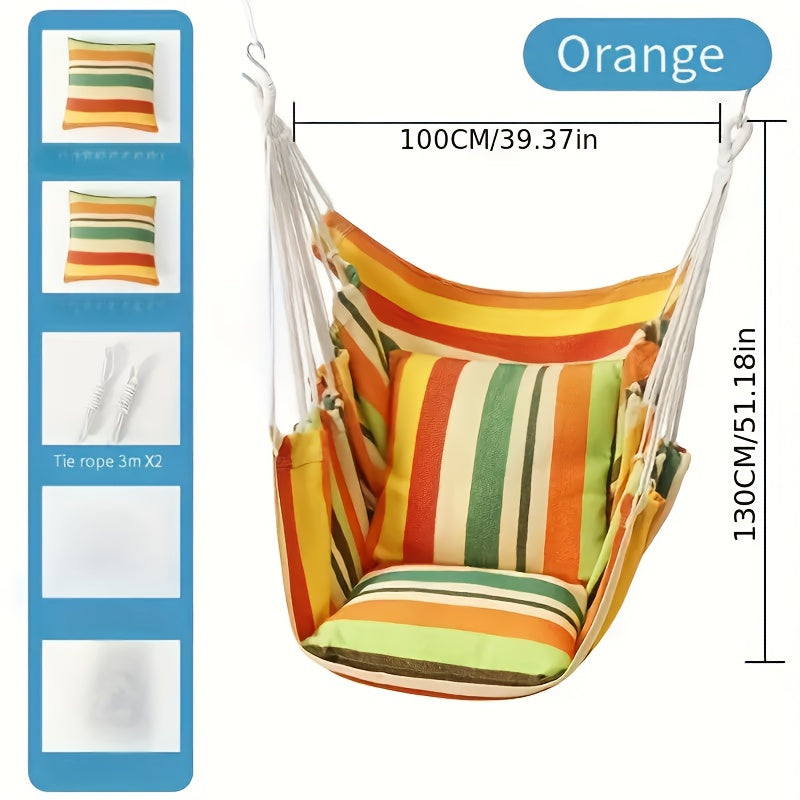 Blue & Green Striped Hammock Chair with Wooden Rod for Indoor/Outdoor Relaxation.