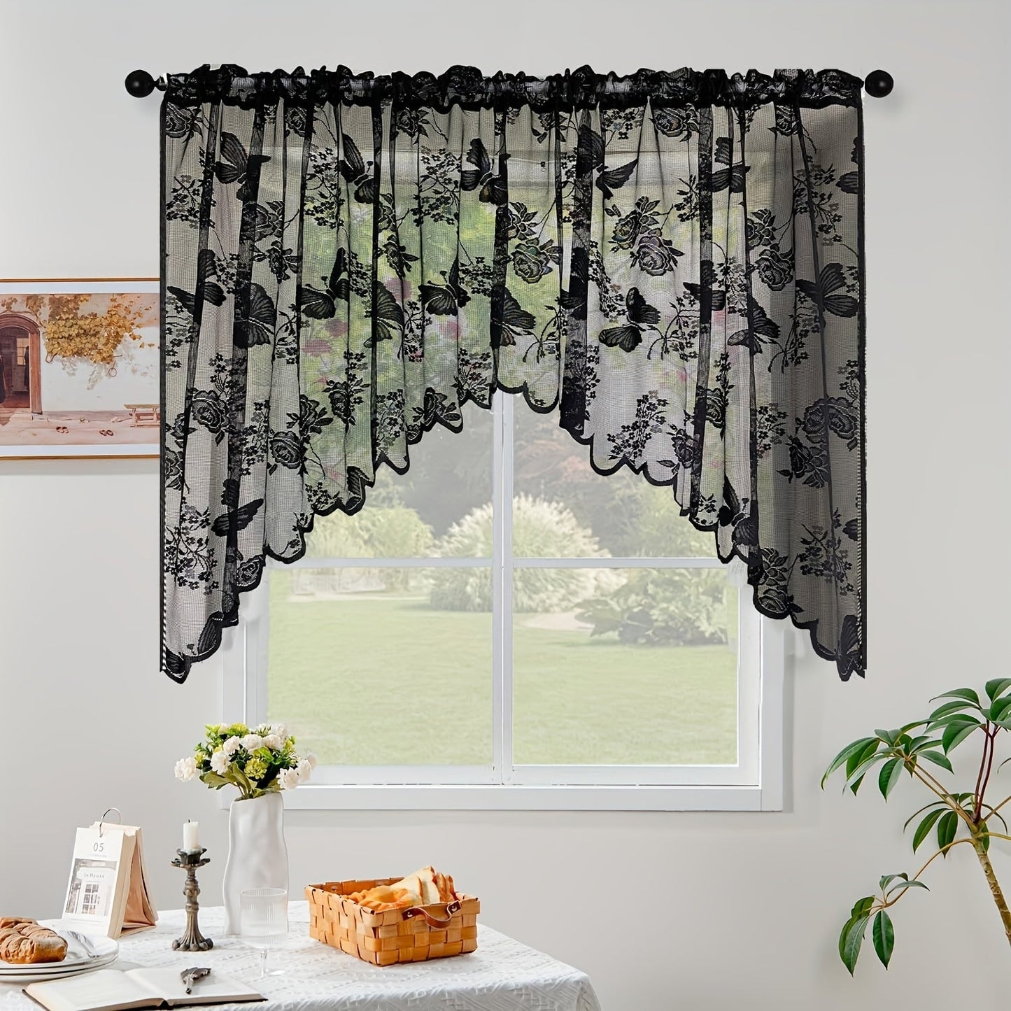 White/Blue/Purple Butterfly Flower Plant Pattern Sheer Curtain Tulle Valance with Lacework Tassel Design, Perfect for Kitchen Cafe or Bedroom. Rod Pocket Style for Easy Hanging in Bedroom, Living Room, or Home Decor.