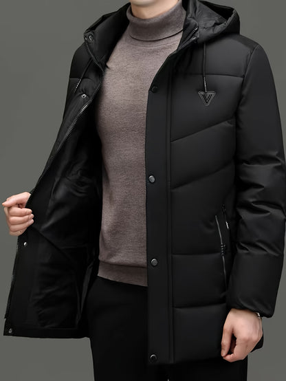 Men's mid-length hooded padded jacket with detachable hood, suitable for winter outdoors.