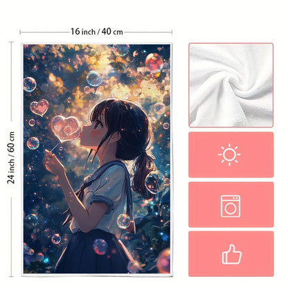 This set includes two ultra-soft kitchen towels adorned with a cute anime girl blowing heart-shaped bubbles with a bubble wand. The bubbles envelop her, adding a whimsical touch to the design. These dish towels are highly absorbent, ideal for holiday