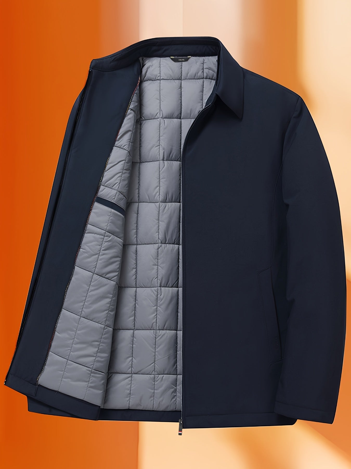 Men's premium thickened winter jacket in solid color with zip-up collar for business and casual wear, machine washable.