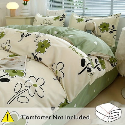 4-piece skin-friendly duvet cover set featuring a fresh flower print design. Includes duvet cover, flat sheet, and two pillowcases (core not included). Suitable for all seasons and perfect