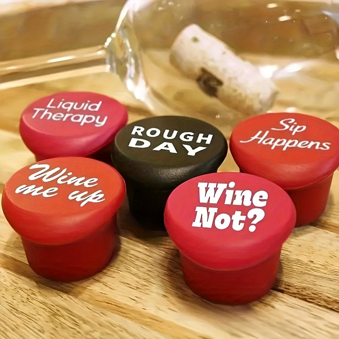 Silicone wine stoppers with funny phrases for festive parties.