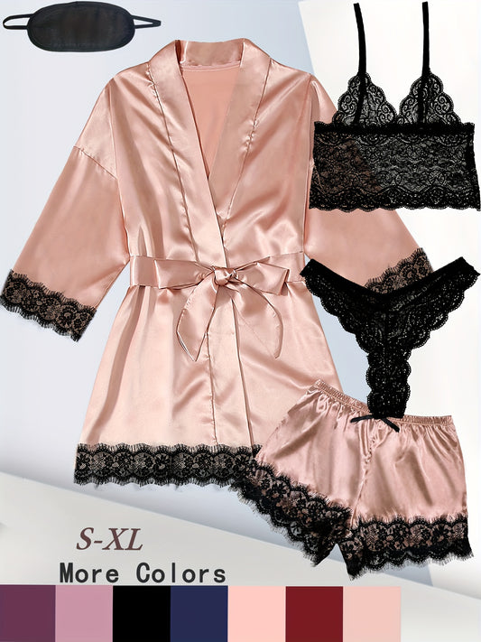 Satin lounge set with lace, robe, cami bra, thongs, and shorts for women.