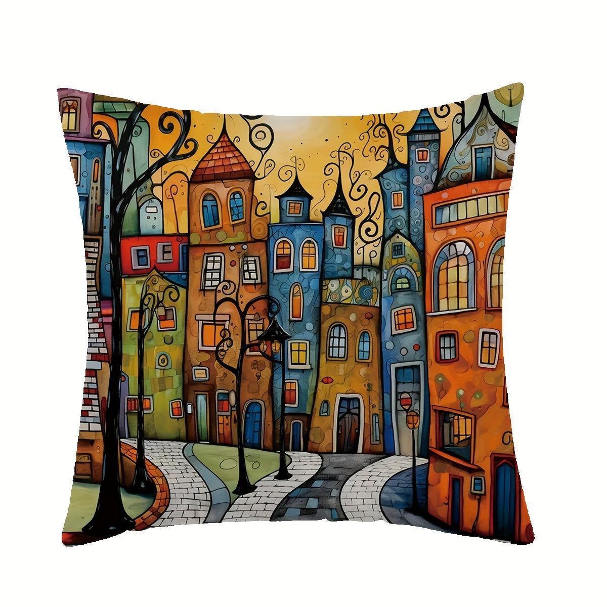 Single sided printed 1pc Street House Throw Pillowcase, 42.93cm*42.93cm, for sofa, living room, bedroom decoration. Pillow core not included.