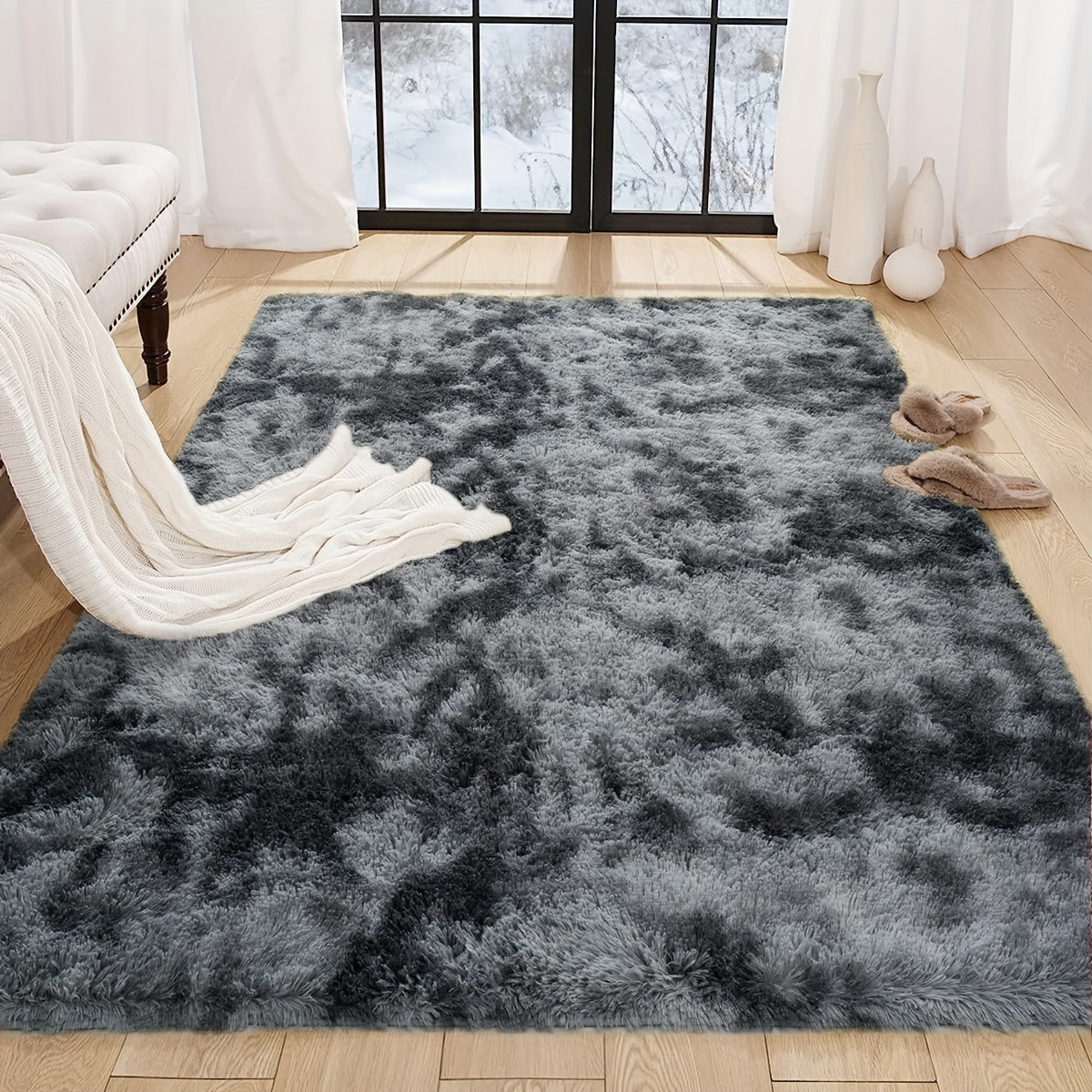 Luxurious Dark Grey Tie-Dye Plush Area Mat - Ultra-Soft with Thick Sponge Padding for Comfort, Durable, Easy to Clean; Perfect for Living Room, Bedroom, and Game Room. Available in Multiple Sizes. Great for adding style and comfort to your living space.