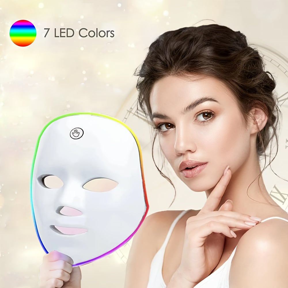 LED facial mask with 7 colors, rechargeable, touch control, unscented, 400mAh battery, USB charging, ideal for both men and women, great festive gift.