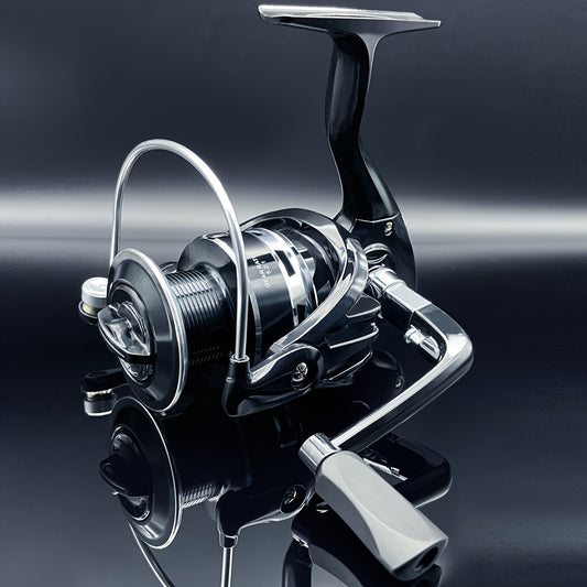 Spinning reel 1000-7000 series with smooth, sensitive performance for freshwater and saltwater fishing. Features include metal cup, folding rocker arm, and 5.2:1 gear ratio.