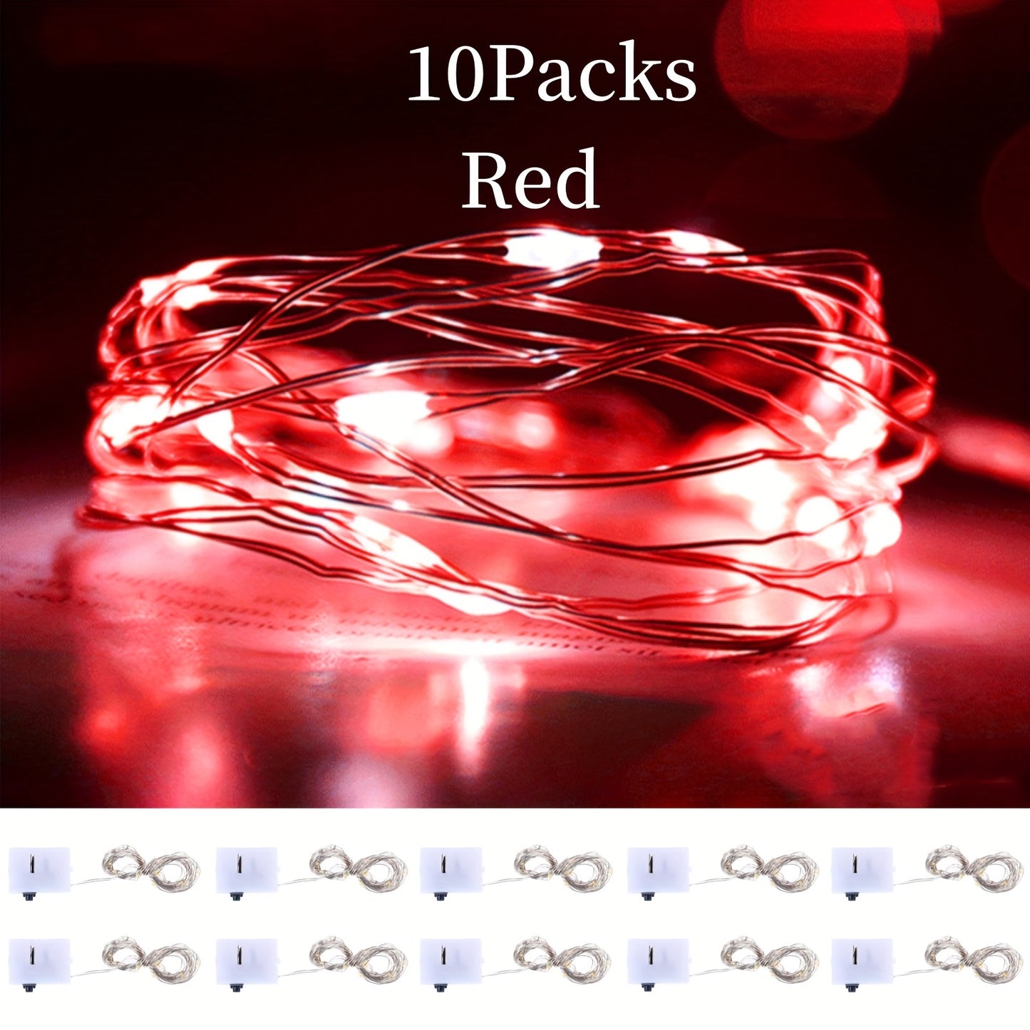 Battery operated LED string lights in a 10-pack, available in lengths of 99.06cm, 198.12cm, and 299.72cm with 10, 20, or 30 LEDs. Perfect for indoor decoration such as BOBO balloons, parties, weddings, and Christmas, these lights create a warm and