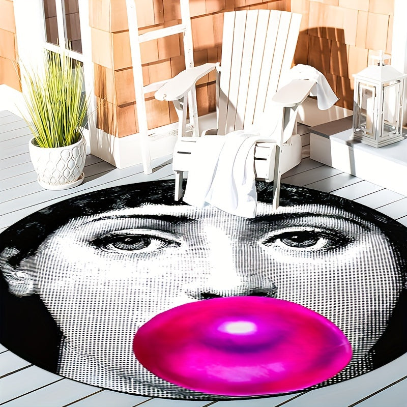 Round non-slip rug featuring a woman blowing bubbles with powder, perfect for entryways, living rooms, bedrooms, outdoor patios, gardens, and yards. Machine washable and suitable for use as a decorative accent in your home or outdoor space. Also can be