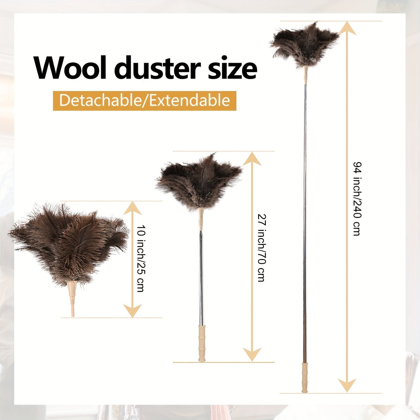 The 94-Inch Extendable Ostrich Feather Duster: Detachable, Lint-Free, and Reusable for Home Cleaning. Also Functions as a Static Brush for Car Dusting - An Incredible Cleaning Tool.