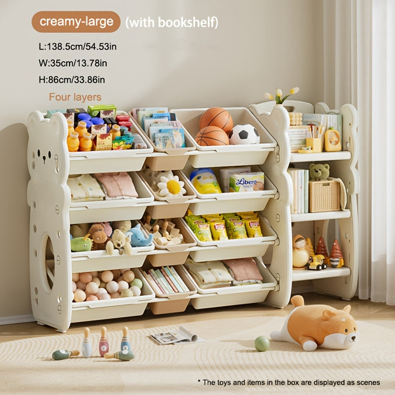 3-tier storage organizer with bins for toys, books, and clothes. Ideal for playroom and bedroom.